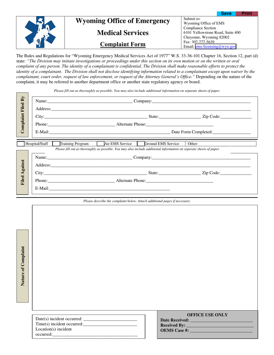Office of Emergency Medical Services Complaint Form - Wyoming, Page 1