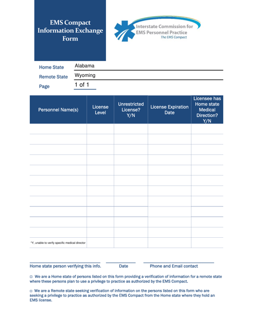 EMS Compact Information Exchange Form - Wyoming Download Pdf