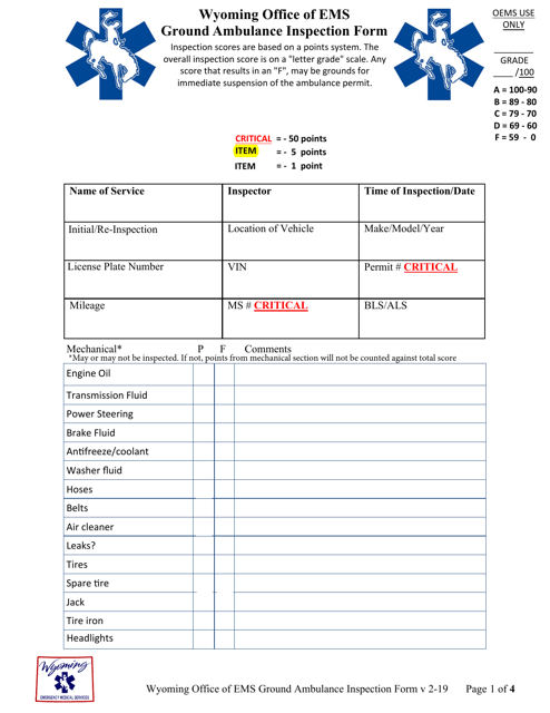 Ground Ambulance Inspection Form - Wyoming Download Pdf