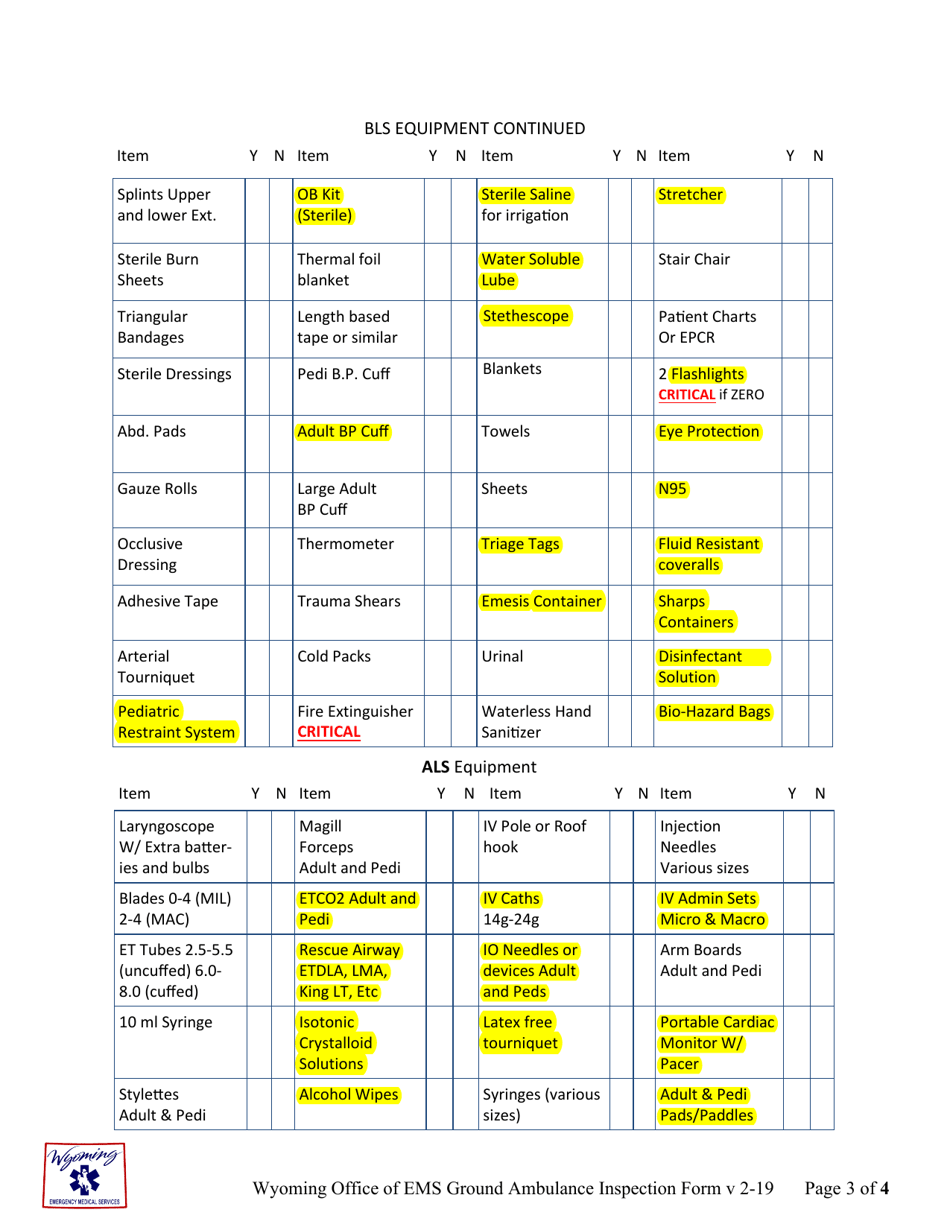 Ground Ambulance Inspection Form - Wyoming, Page 3