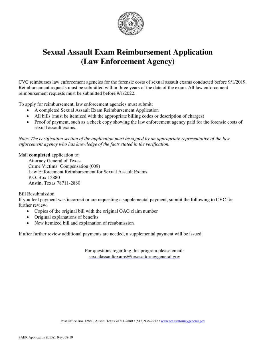 Sexual Assault Exam Reimbursement Application - Texas, Page 1
