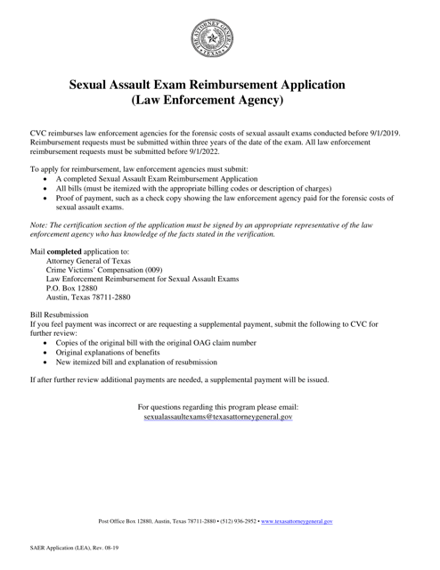 Sexual Assault Exam Reimbursement Application - Texas Download Pdf