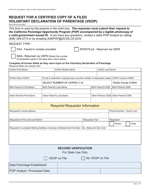 Form DCSS0918 Request for a Certified Copy of a Filed Voluntary Declaration of Parentage (Vdop) - California