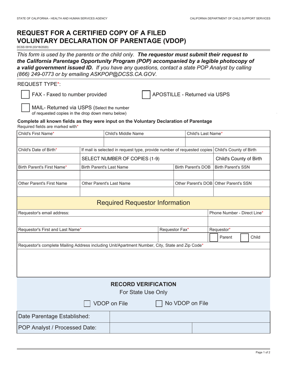 Form DCSS0918 Request for a Certified Copy of a Filed Voluntary Declaration of Parentage (Vdop) - California, Page 1