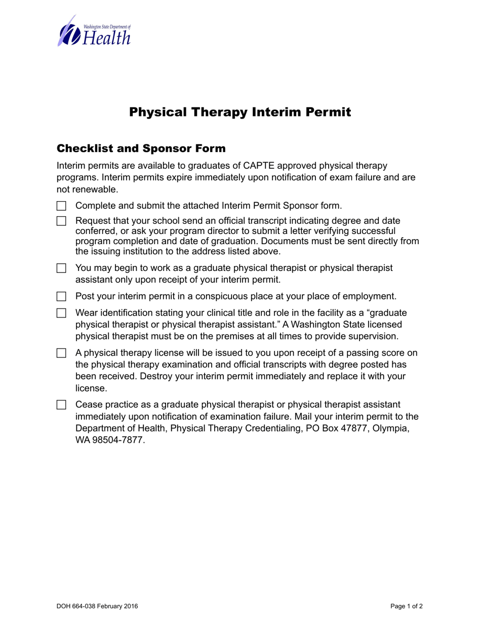 DOH Form 664-038 Physical Therapy Interim Permit - Washington, Page 1