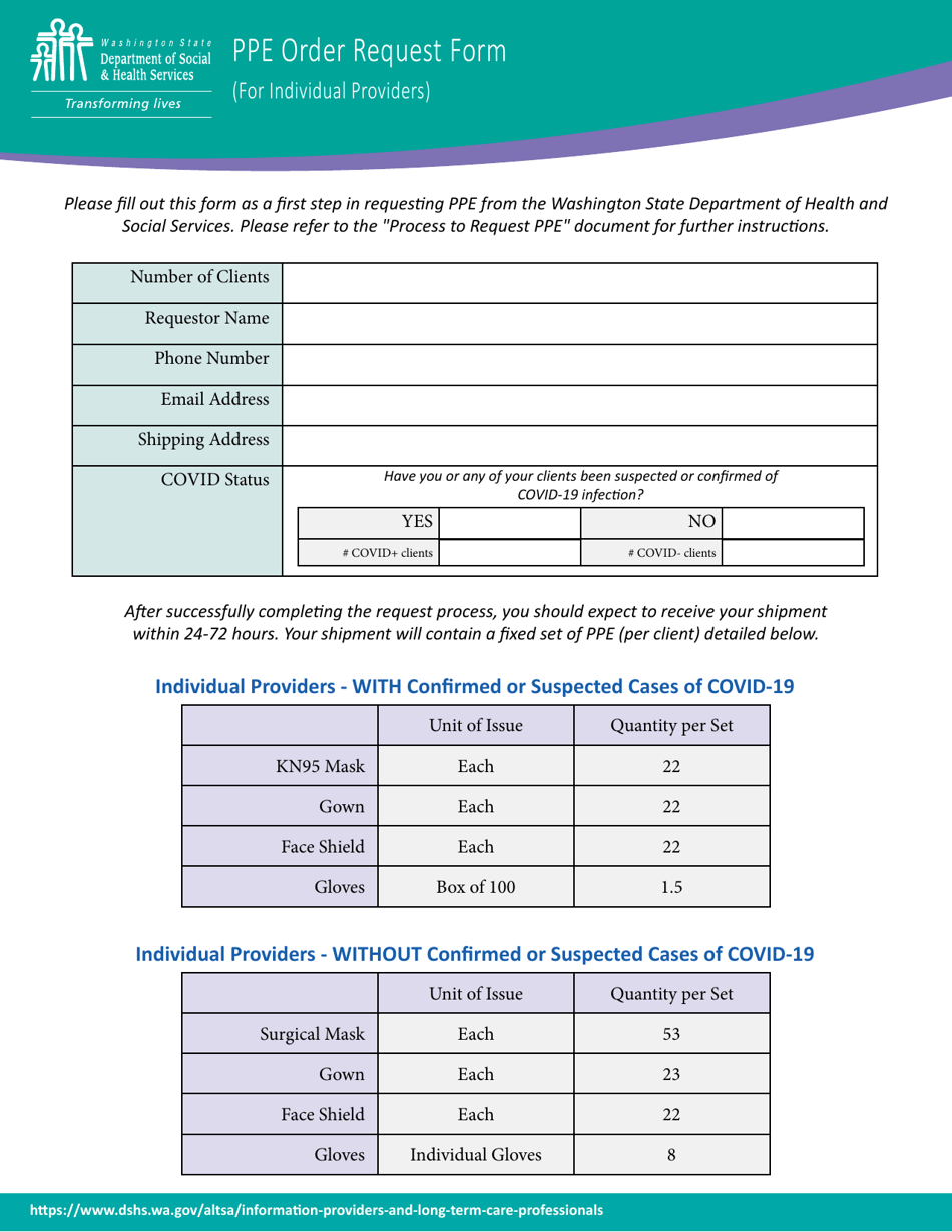 Ppe Order Request Form (For Individual Providers) - Washington, Page 1