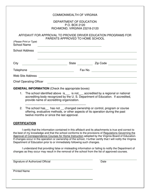 Affidavit for Approval to Provide Driver Education Programs for Parents Approved to Home School - Virginia Download Pdf