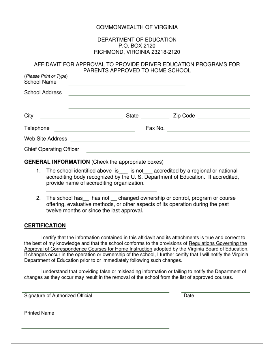 Affidavit for Approval to Provide Driver Education Programs for Parents Approved to Home School - Virginia, Page 1