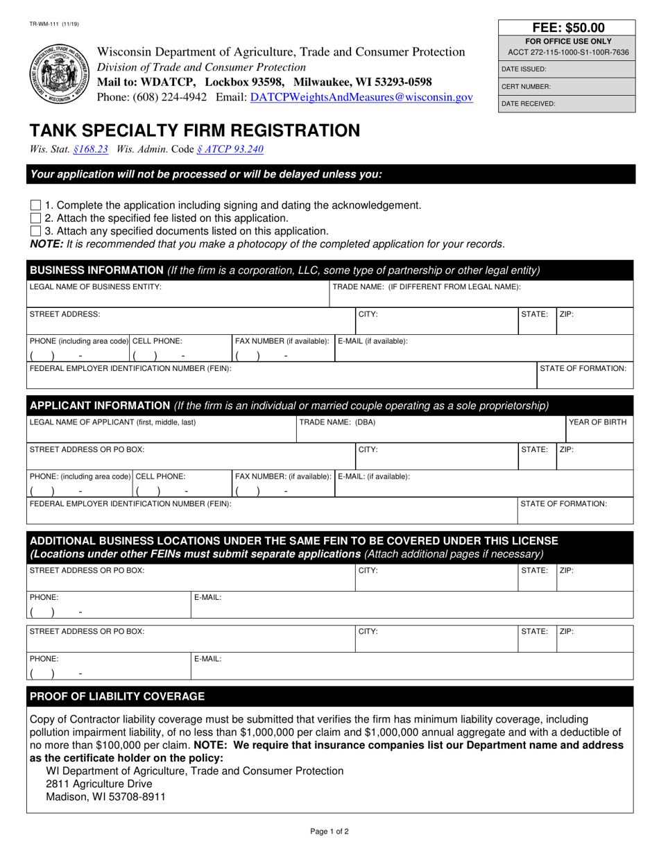 Form TR-WM-111 Tank Specialty Firm Registration - Wisconsin, Page 1