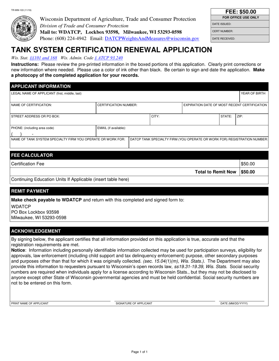 Form TR-WM-103 Tank System Certification Renewal Application - Wisconsin, Page 1