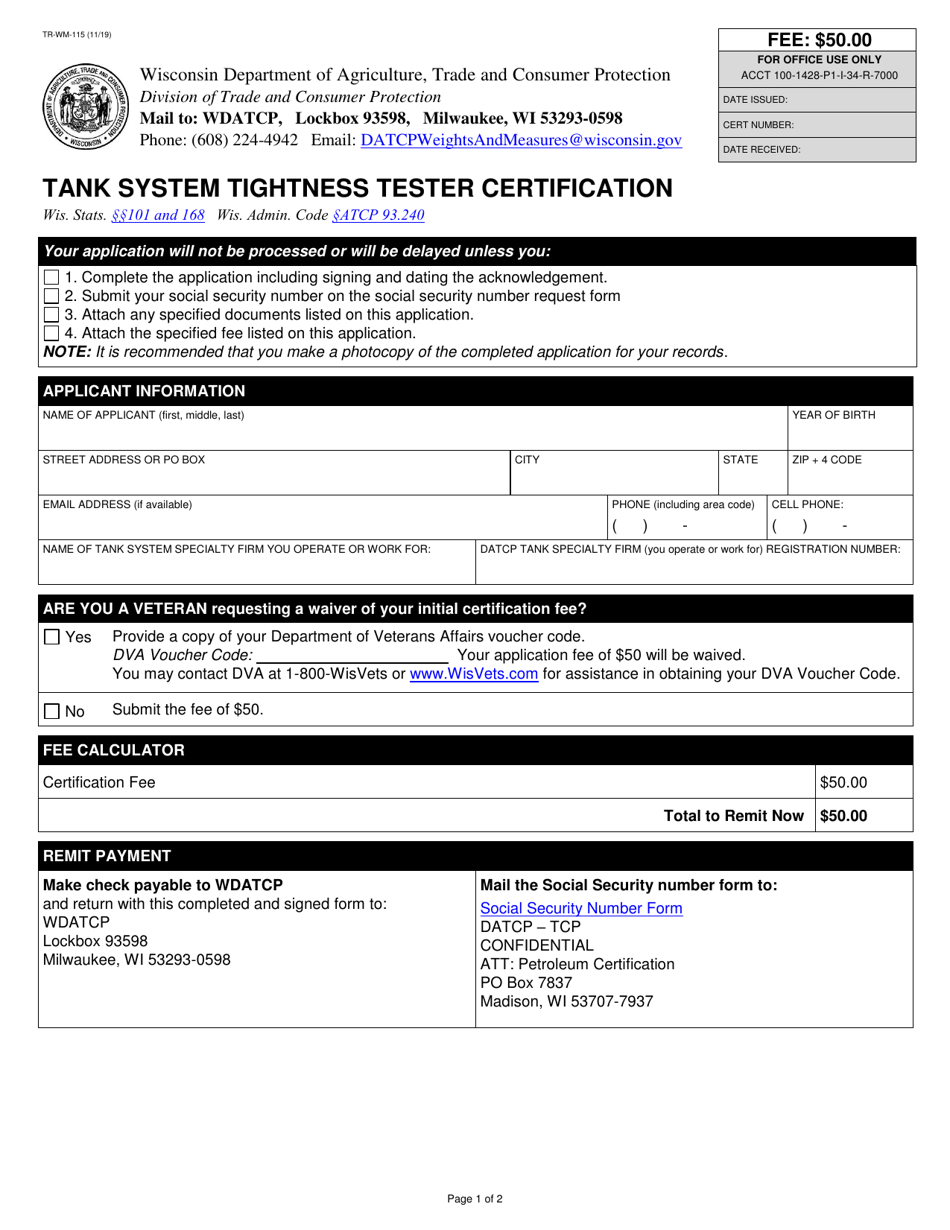 Form TR-WM-115 Tank System Tightness Tester Certification Application - Wisconsin, Page 1