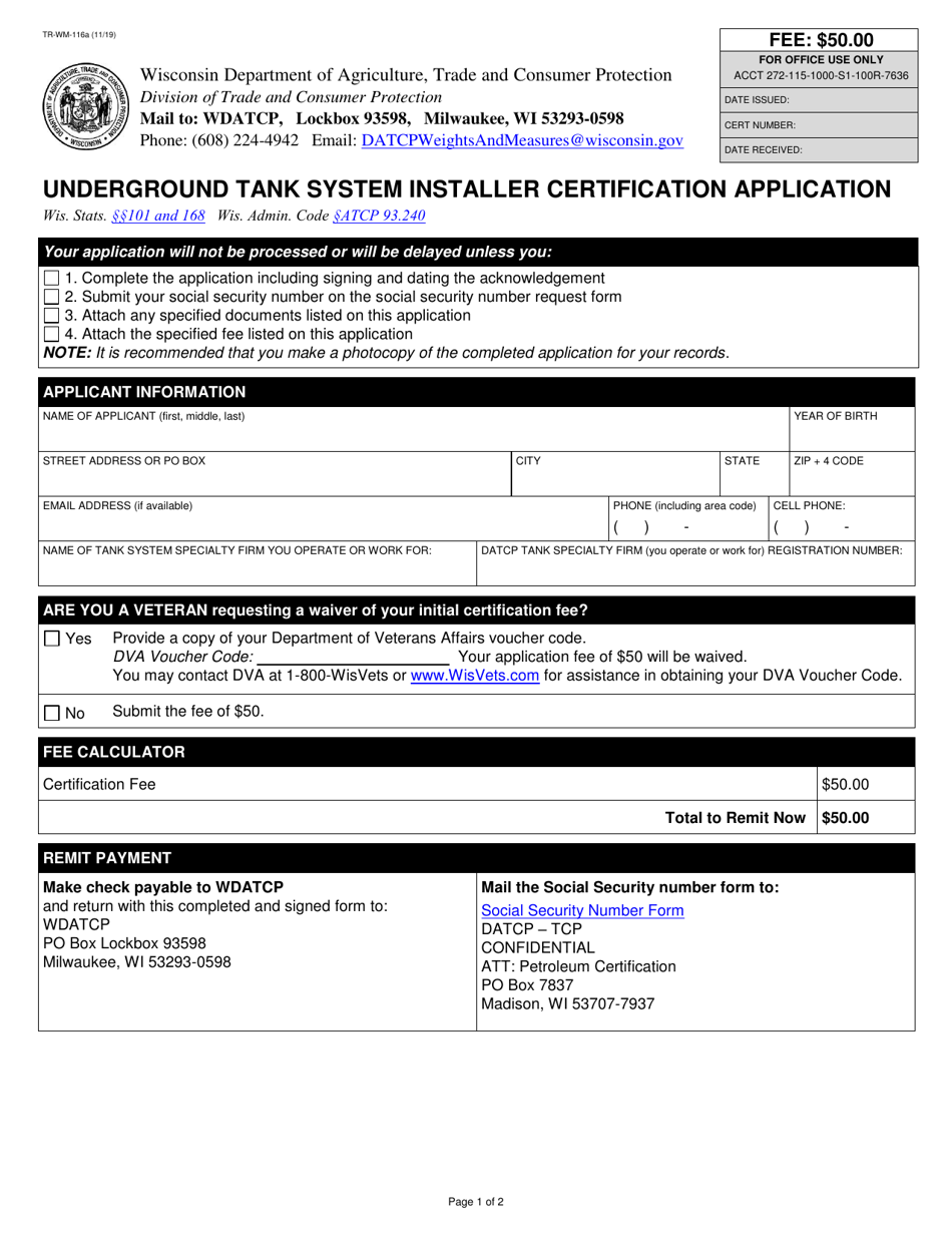 Form TR-WM-116A Underground Tank System Installer Certification Application - Wisconsin, Page 1