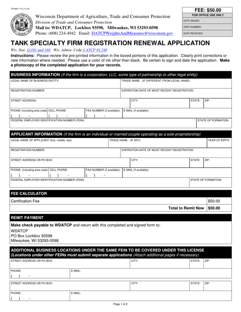 Form TR-WM-111A Tank Specialty Firm Registration Renewal Application - Wisconsin