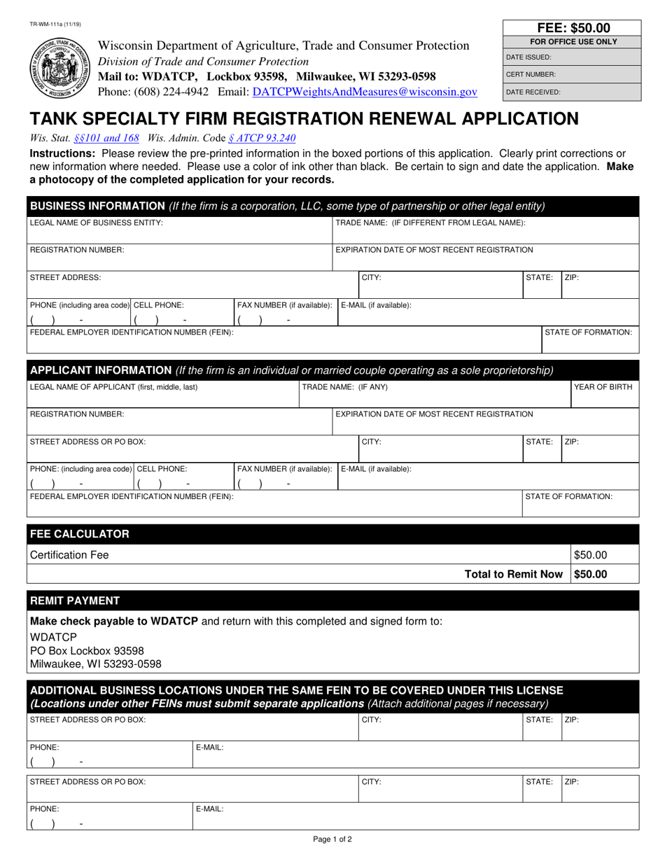 Form TR-WM-111A Tank Specialty Firm Registration Renewal Application - Wisconsin, Page 1