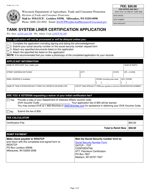 Form TR-WM-113A Tank System Liner Certification Application - Wisconsin