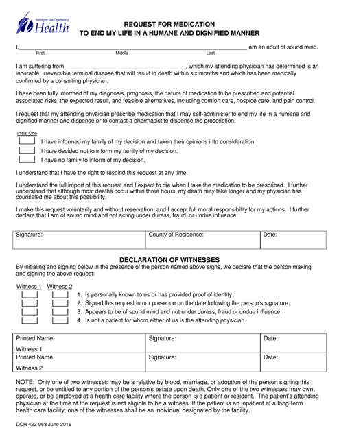 DOH Form 422-063 Request for Medication to End My Life in a Humane and Dignified Manner - Washington