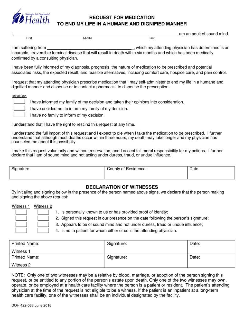 DOH Form 422-063 Request for Medication to End My Life in a Humane and Dignified Manner - Washington, Page 1