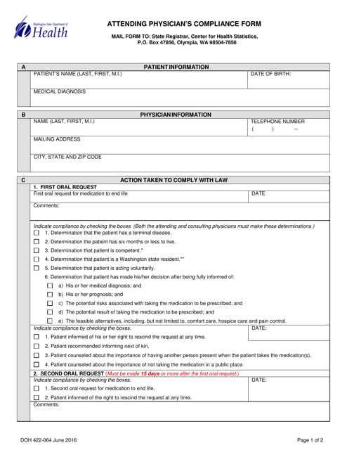 DOH Form 422-064 Attending Physician's Compliance Form - Washington