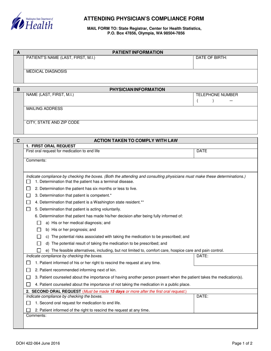 DOH Form 422-064 Attending Physicians Compliance Form - Washington, Page 1