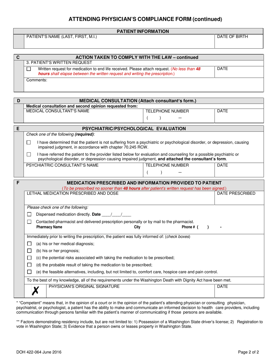 DOH Form 422-064 Attending Physicians Compliance Form - Washington, Page 2