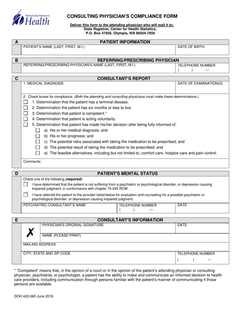 DOH Form 422-065 Consulting Physician's Compliance Form - Washington