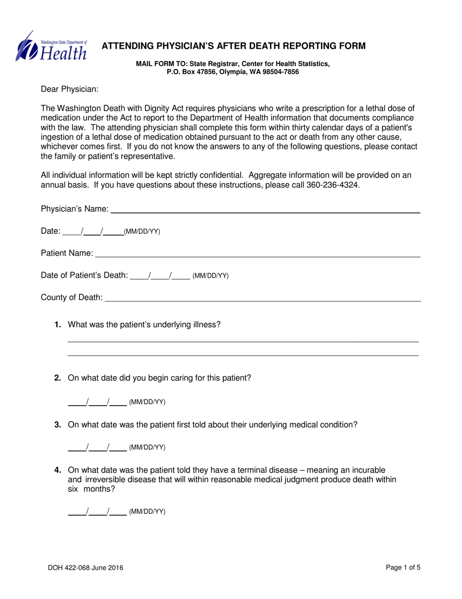 DOH Form 422-068 Attending Physicians After Death Reporting Form - Washington, Page 1