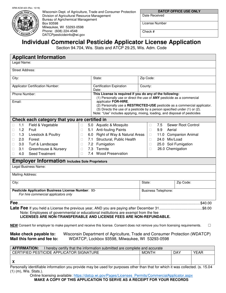 Form ARM-ACM-423 Individual Commercial Pesticide Applicator License Application - Wisconsin, Page 1