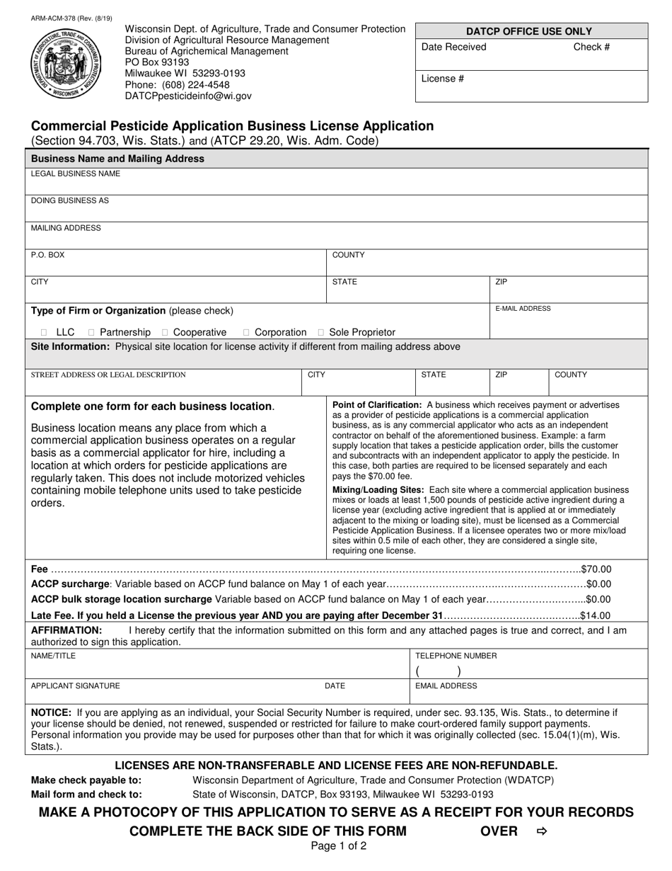 Form ARM-ACM-378 Commercial Pesticide Application Business License Application - Wisconsin, Page 1