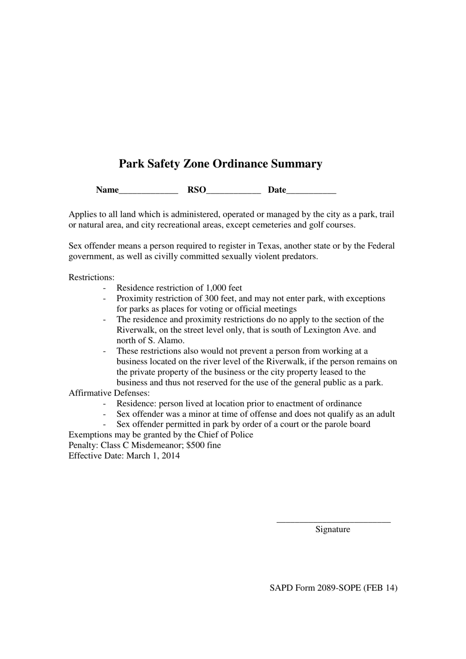 SAPD Form 2089-SOPE Park Safety Zone Ordinance Summary - City of San Antonio, Texas, Page 1