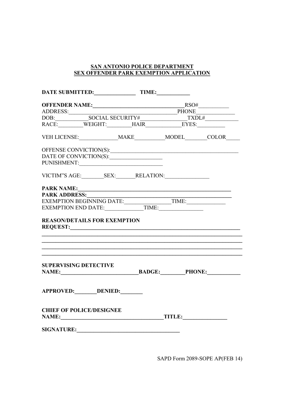 SAPD Form 2089-SOPE AP Sex Offender Park Exemption Application - County of San Antonio, Texas, Page 1