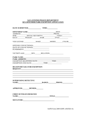 Document preview: SAPD Form 2089-SOPE AP Sex Offender Park Exemption Application - County of San Antonio, Texas