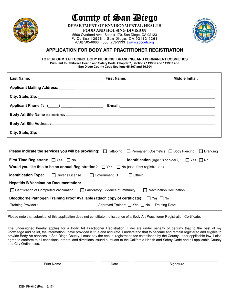 Form DEH:FH-610 Application for Body Art Practitioner Registration - County of San Diego, California, Page 1