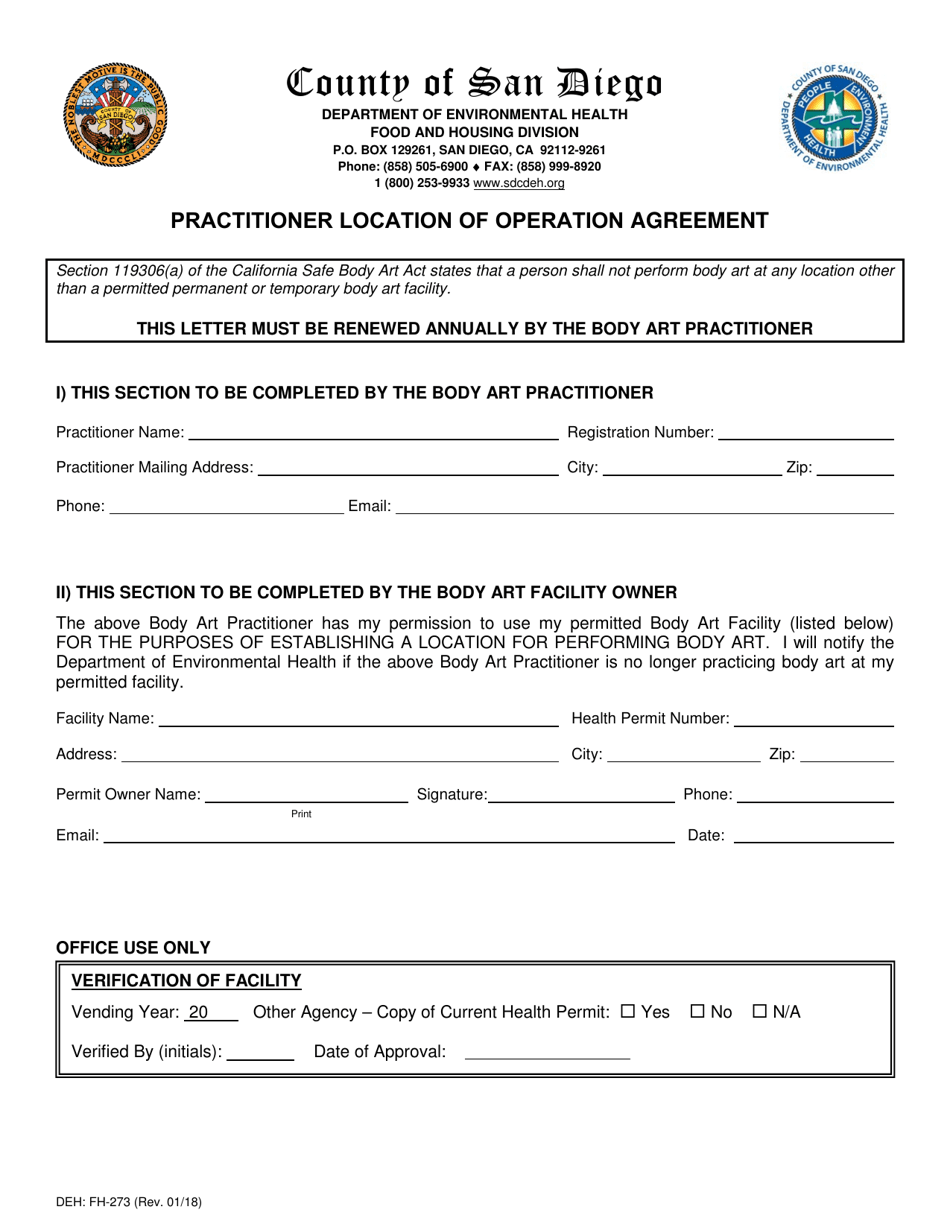 Form DEH:FH-273 Practitioner Location of Operation Agreement - County of San Diego, California, Page 1