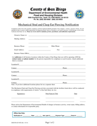 Form DEH:FH-620 NCR Mechanical Stud and Clasp Ear Piercing Notification - County of San Diego, California