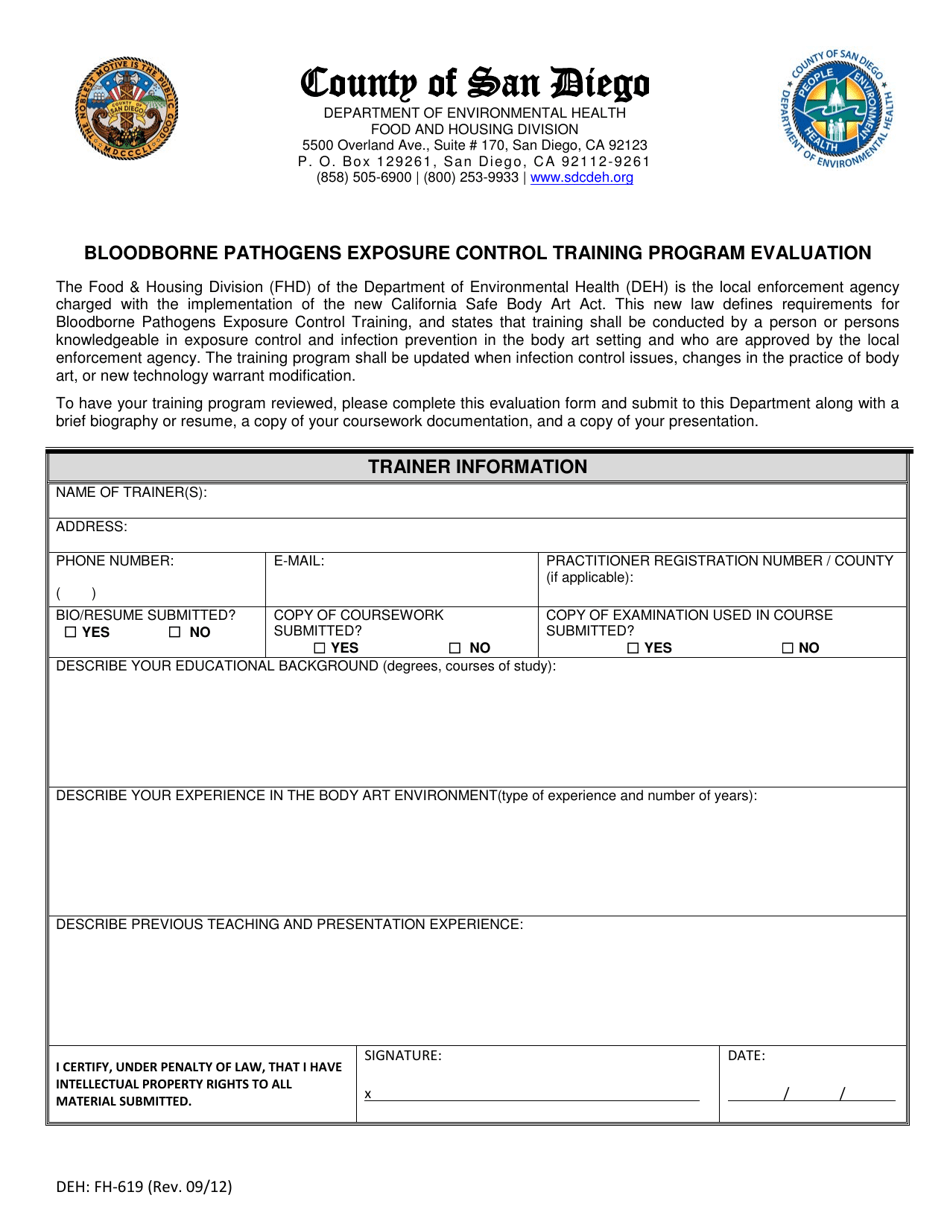 Form DEH:FH-619 Bloodborne Pathogens Exposure Control Training Program Evaluation - County of San Diego, California, Page 1
