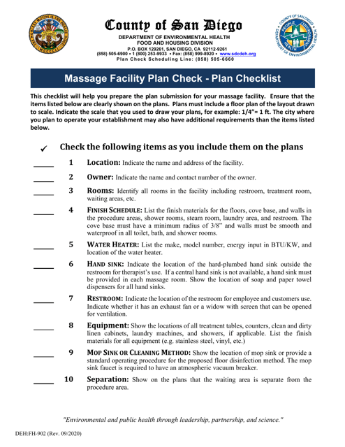Form DEH:FH-902 Massage Facility Plan Check - Plan Checklist - County of San Diego, California