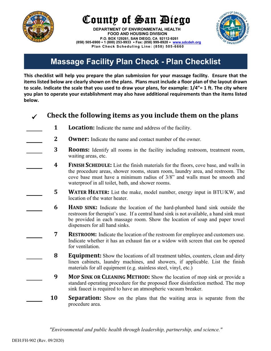 Form DEH:FH-902 Massage Facility Plan Check - Plan Checklist - County of San Diego, California, Page 1