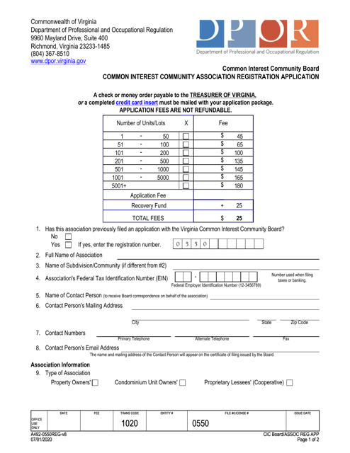Form A492-0550REG Community Association Registration Application/New Registrations Only - Virginia