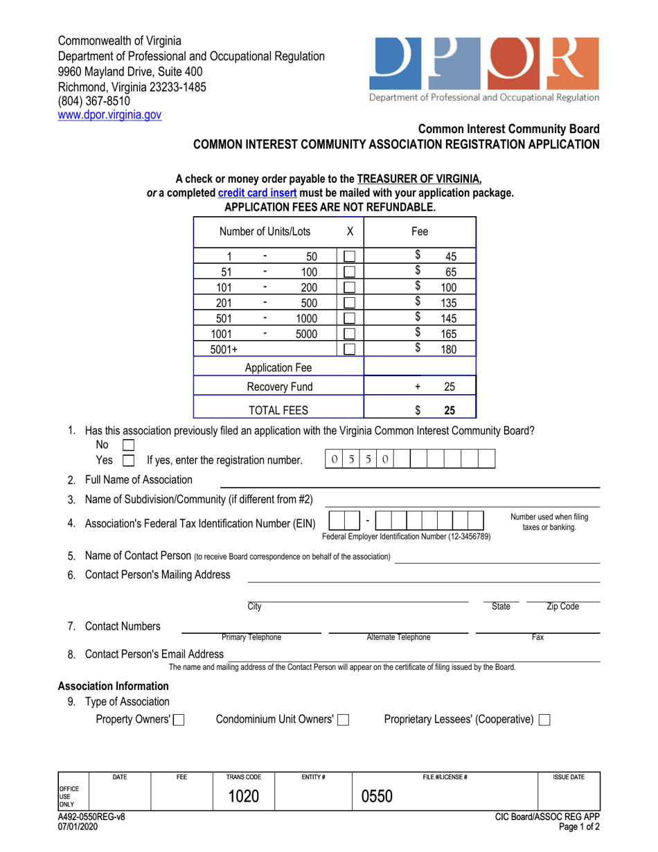 Form A492-0550REG Community Association Registration Application / New Registrations Only - Virginia, Page 1