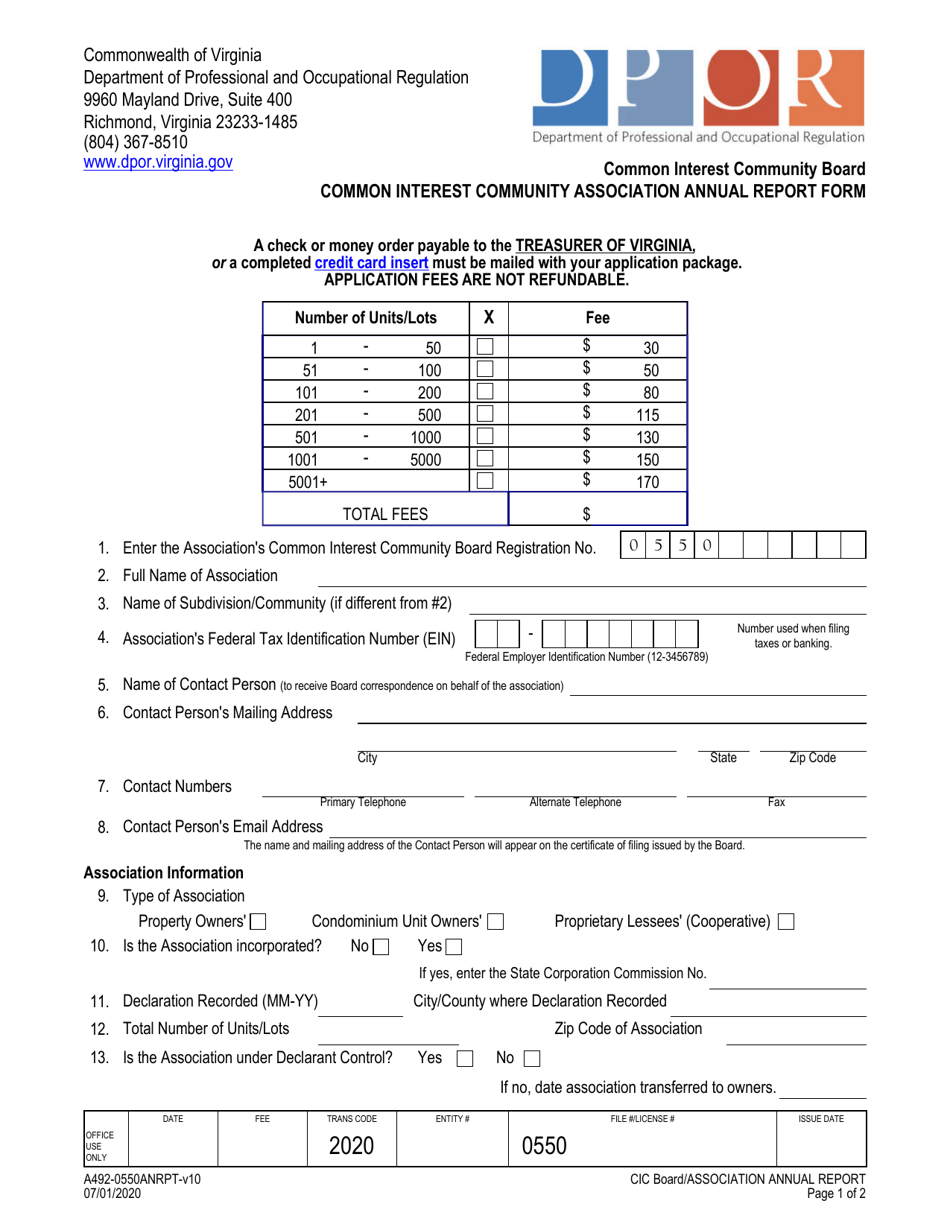 Form A492-0550ANRPT Common Interest Community Association Annual Report Form - Virginia, Page 1