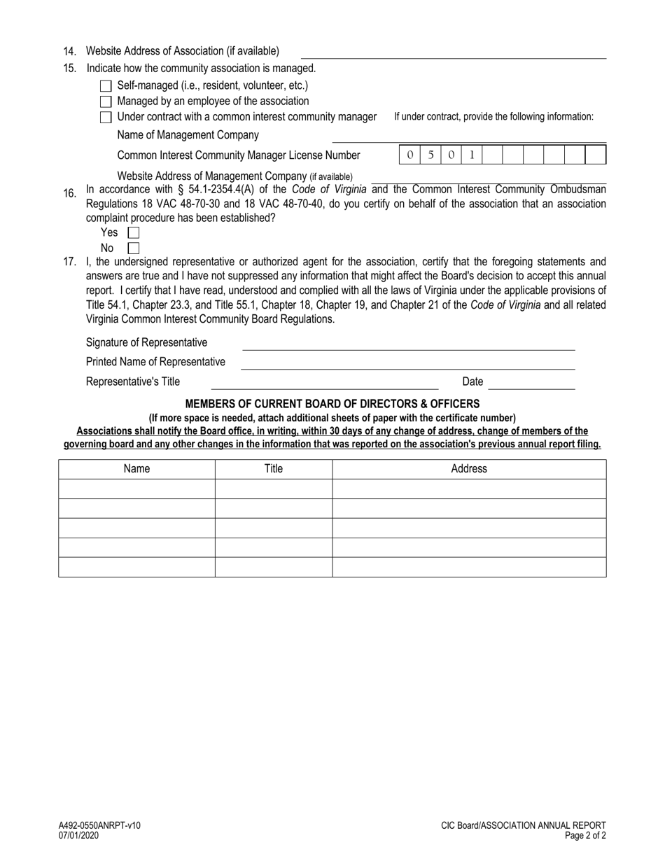 Form A492-0550ANRPT Common Interest Community Association Annual Report Form - Virginia, Page 2