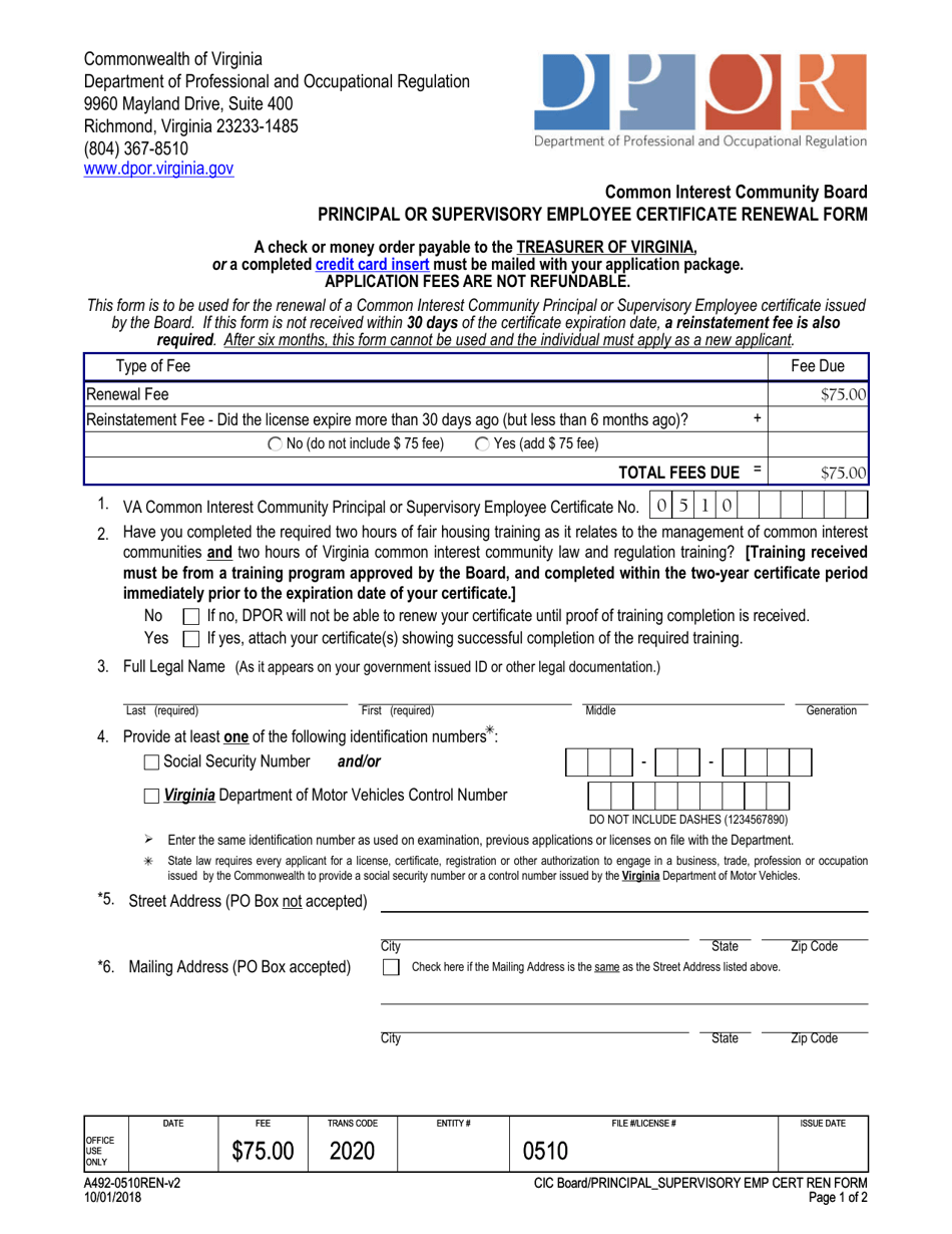 Form A492-0510REN Principal or Supervisory Employee Certificate Renewal Form - Virginia, Page 1