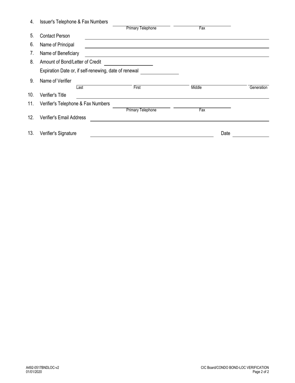 Form A492-0517BNDLOC Condominium Bond / Letter of Credit Verification Form Date Fee Trans Code - Virginia, Page 2
