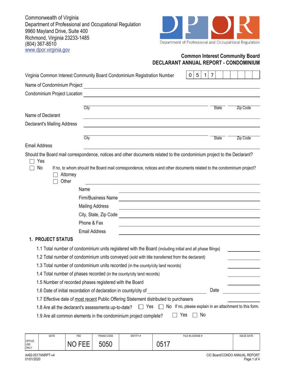 Form A492-0517ANRPT Declarant Annual Report - Condominium - Virginia, Page 1