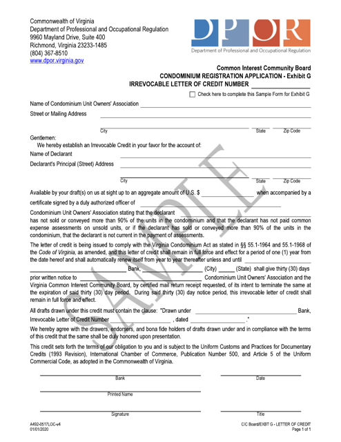Form A492-0517LOC Exhibit G Condominium Registration Application - Irrevocable Letter of Credit - Sample - Virginia