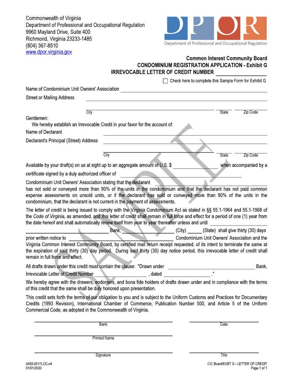Form A492-0517LOC Exhibit G Condominium Registration Application - Irrevocable Letter of Credit - Sample - Virginia, Page 1