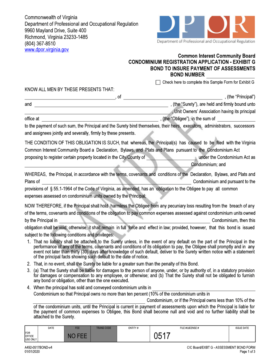 Form A492-0517BOND Exhibit G Condominium Registration Application - Bond to Insure Payment of Assessments - Sample - Virginia, Page 1