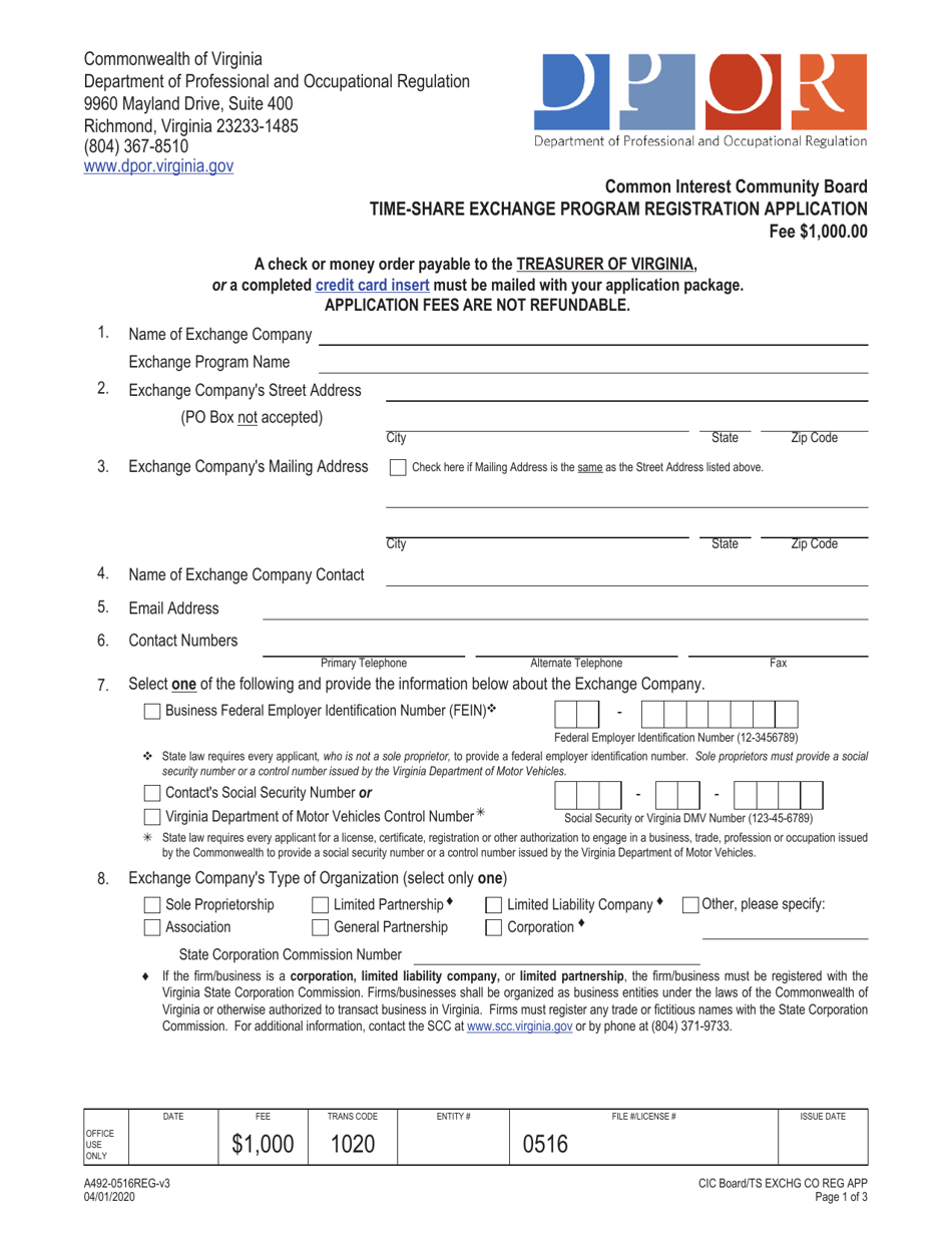 Form A492-0516REG Time-Share Exchange Program Registration Application - Virginia, Page 1
