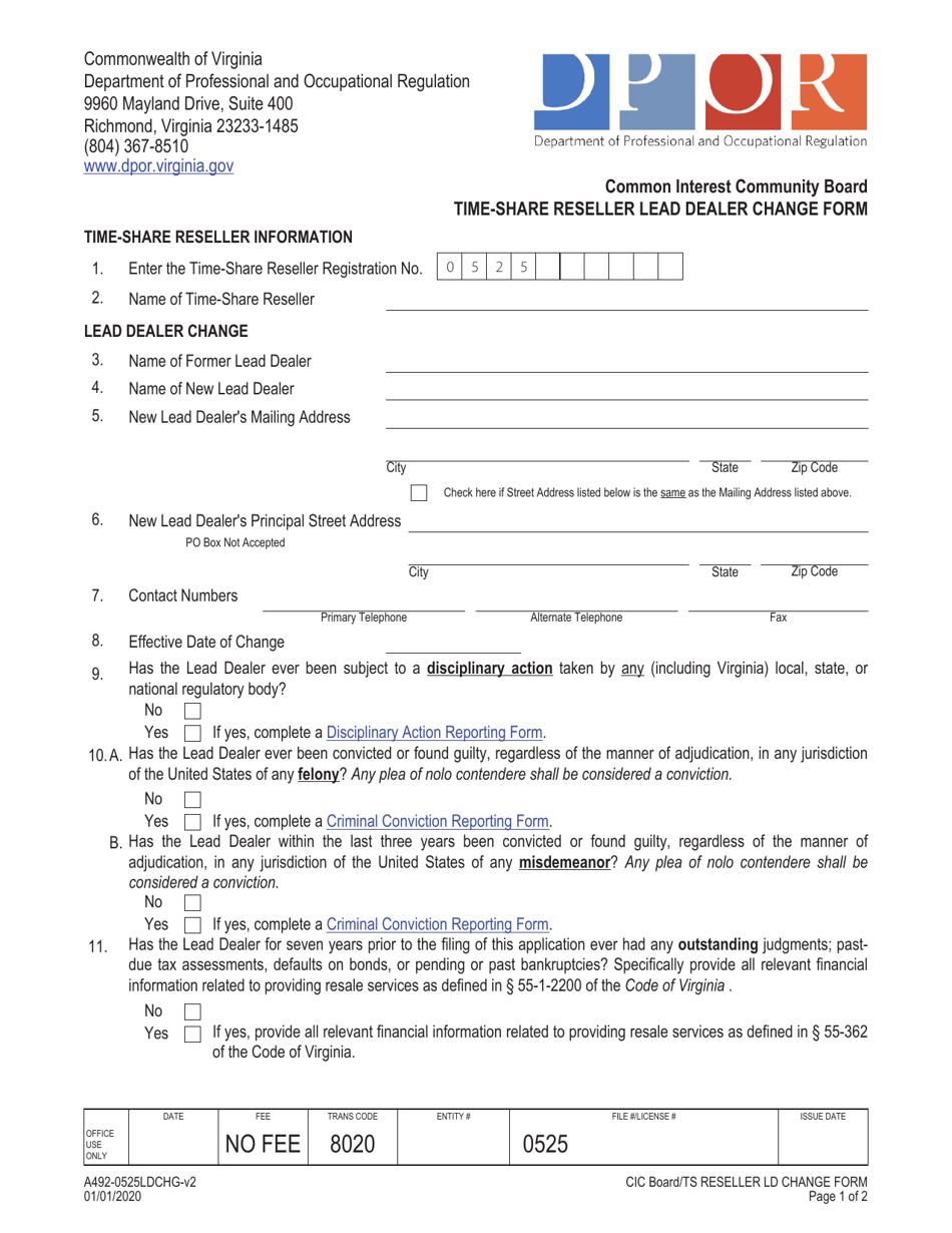 Form A492-0525LDCHG Time-Share Reseller Lead Dealer Change Form - Virginia, Page 1