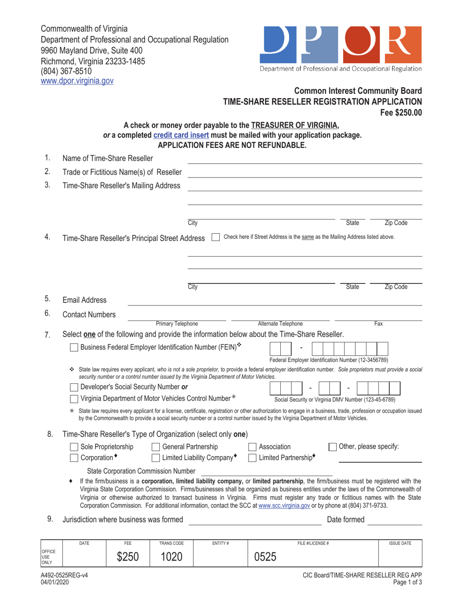 Form A492-0525REG Time-Share Reseller Registration Application - Virginia, Page 1